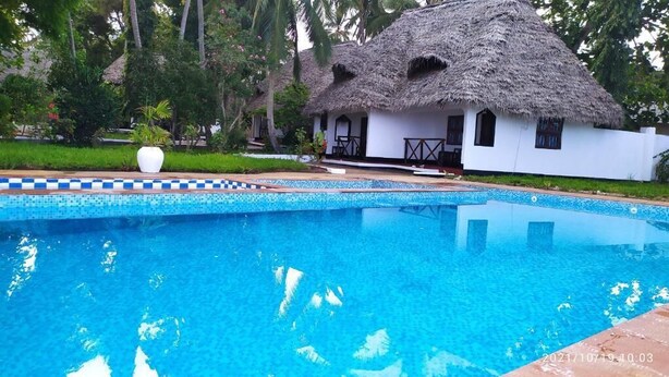 Una piscina con una estructura de techo de paja al fondo.