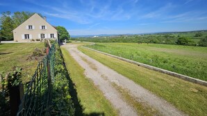 Une maison avec une allée pavée menant à un champ d’herbe.
