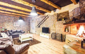Una televisión, una chimenea, un futbolín