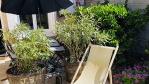 Une terrasse avec une chaise, des plantes en pot et un parasol.
