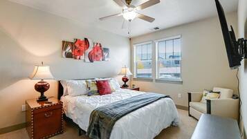 1 bedroom, desk, iron/ironing board, travel cot