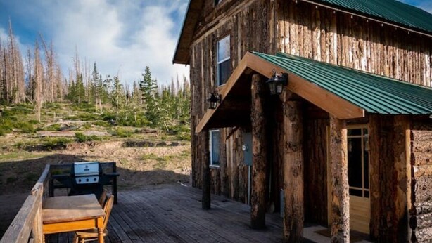 Une cabane en bois rustique dotée d’une terrasse, d’un barbecue et d’une fenêtre donnant sur une zone boisée.