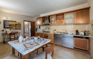 Fridge, stovetop, dishwasher, coffee/tea maker