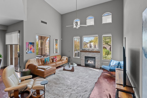 Smart TV, fireplace, stereo, printers