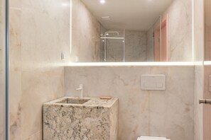 Shower, hair dryer, towels