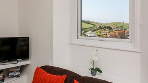 Ein Wohnzimmer mit einem Fernseher auf einem weißen Regal, einem braunen Sofa mit einem orangefarbenen Kissen, einer kleinen Topfpflanze und einem Fenster mit Blick auf eine grüne Landschaft.