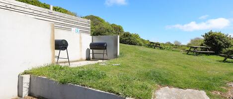 A grassy outdoor area with a barbecue grill and a picnic table.
