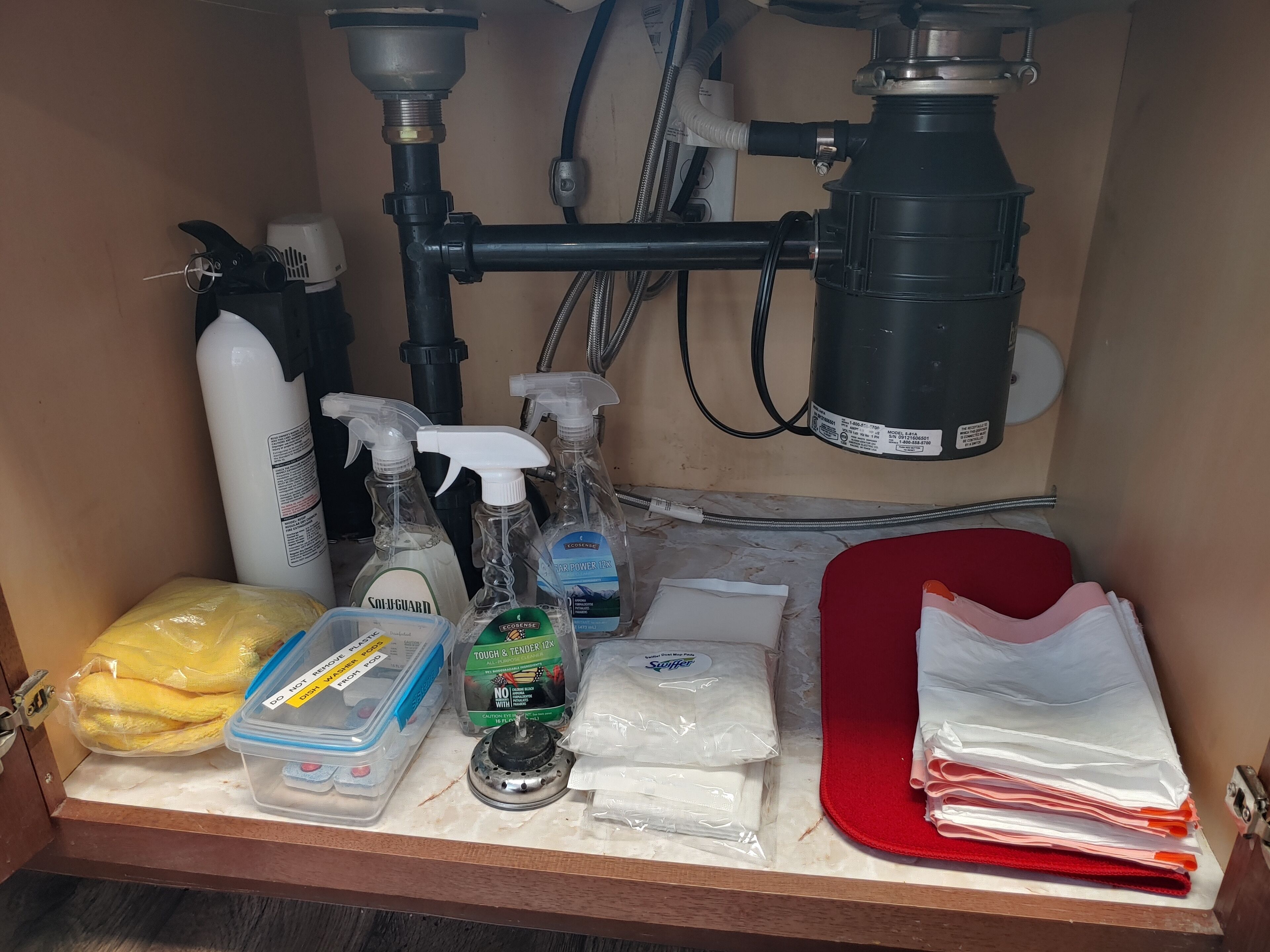 Un área de pileta de cocina con productos de limpieza, un basurero y un tapete rojo.