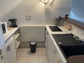 Kühlschrank, Mikrowelle, Herdplatte, Wasserkocher mit Kaffee-/Teezubehör