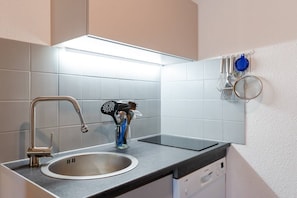 Fridge, oven, dishwasher, cookware/dishes/utensils