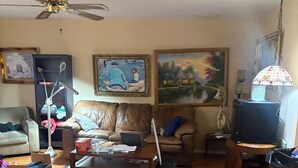 Un salon avec un ventilateur de plafond, une table basse, un canapé, un téléviseur et un tableau accroché au mur.