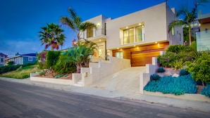 A modern two-story house with a garage, a landscaped front yard with various plants, and a clear sky.