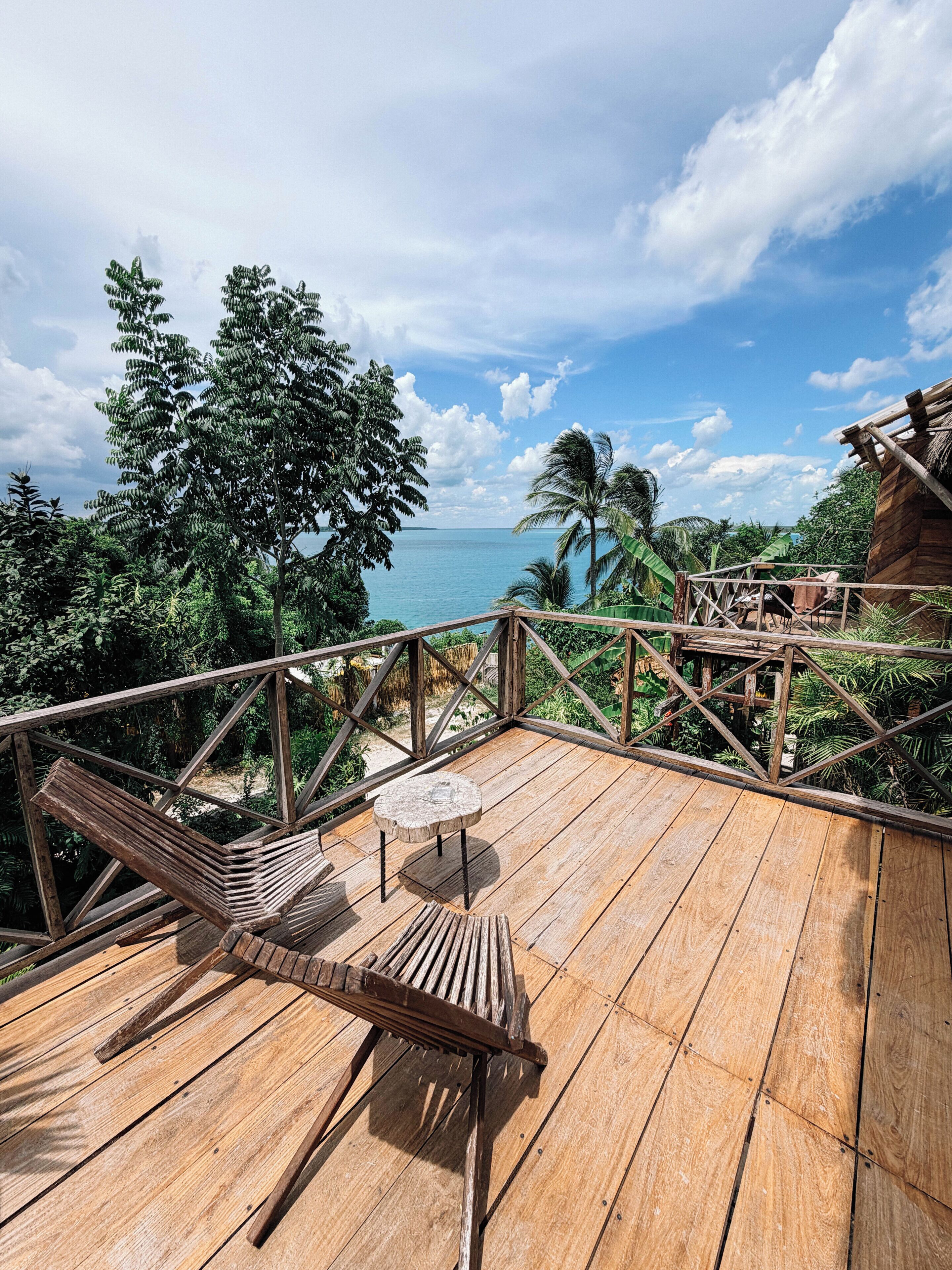 Une terrasse en bois offrant une vue sur l’océan, un palmier et une construction au toit de chaume.