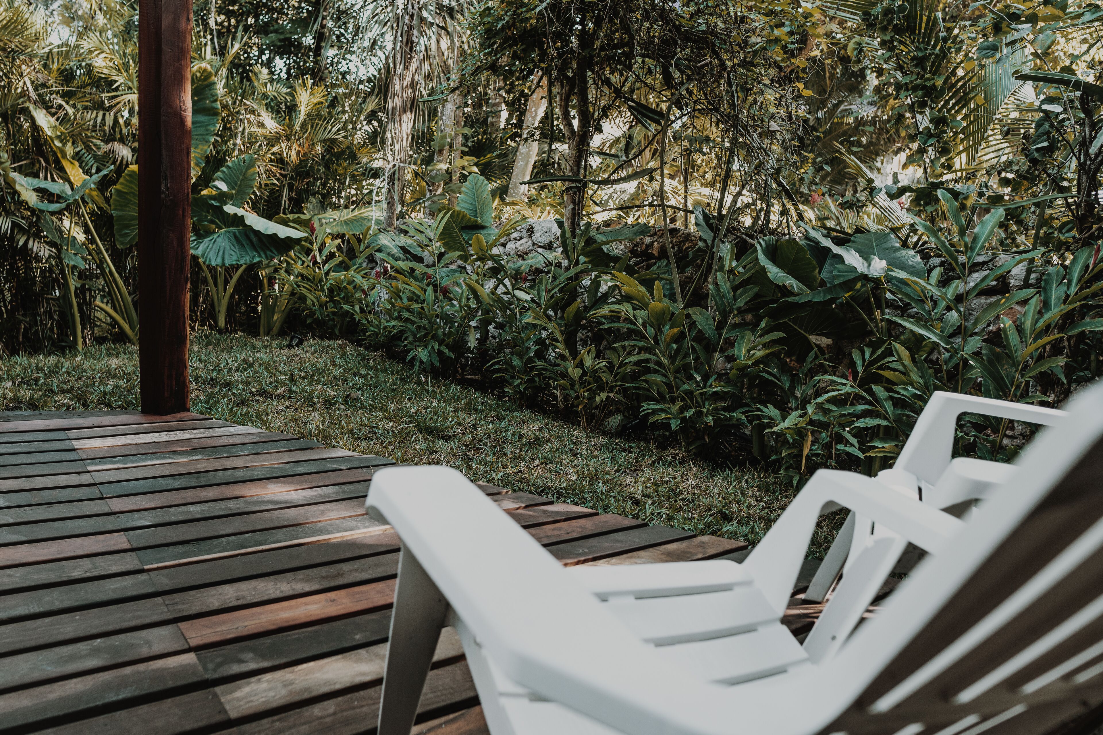 A wooden deck with white lounge chairs, surrounded by lush tropical vegetation.