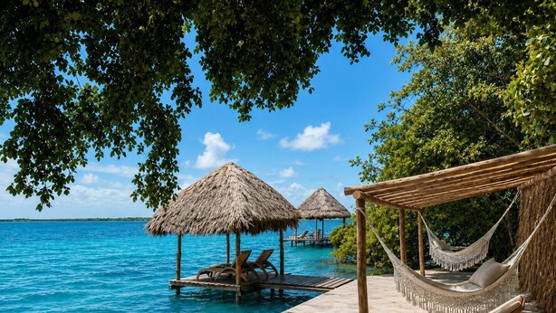 A beachside resort with a hammock, lounge chairs, and thatched-roof structures over water. - BoaBoa Bacalar (Bacalar)