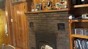 Ein gemütliches Zimmer mit Holzwand, einem aufgehängten Hirschgeweih, einem Kamin und einem Bücherregal mit DVDs.