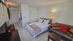Un dormitorio con cama, sofá, mesita de noche, lámpara y armario.