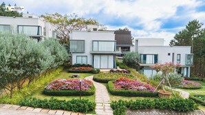 Ein modernes Wohngebäude mit Gartenweg, umgeben von verschiedenen Sträuchern und blühenden Pflanzen.