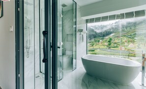 Shower, rainfall showerhead, hair dryer, slippers