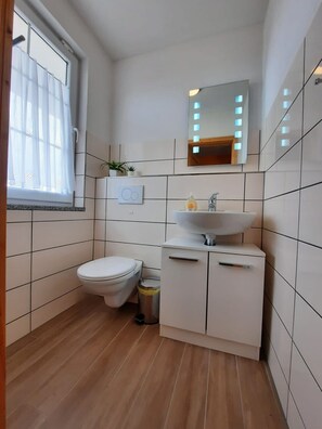 A small, modern bathroom with a toilet, sink, and mirror. - Vacation Home "Emelie Geiseltalsee" with Lake View, Shared Terrace & A/C (Mücheln)