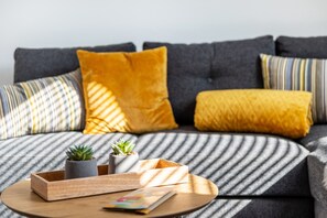 Un salon moderne avec un canapé, des coussins, une petite table d’appoint en bois et deux plantes en pot.
