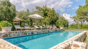 A rectangular swimming pool with stone walls, surrounded by lounge chairs and umbrellas. - Podere San Giorgio 6 Emma Villas (Manciano)