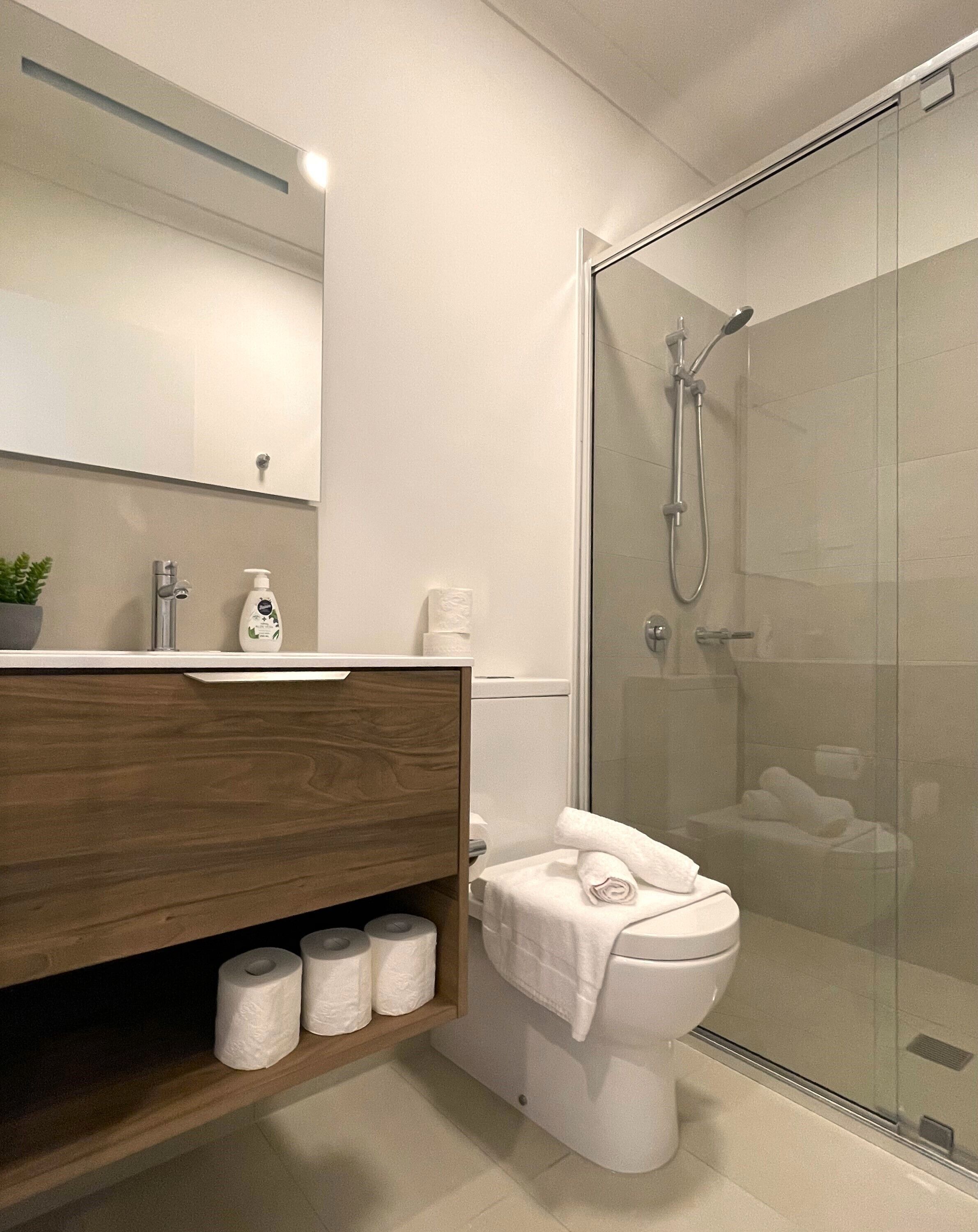 Shower, hair dryer, towels, soap