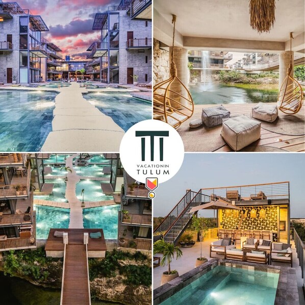 An infinity pool, a rooftop pool, sun loungers