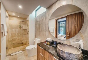 Rainfall showerhead, hair dryer, towels, soap