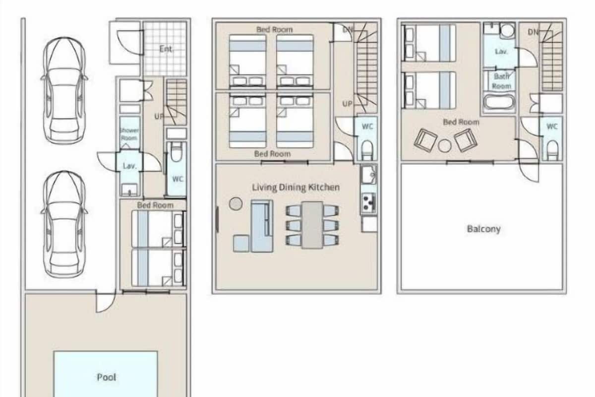 A hotel layout with a pool, multiple bedrooms, a living dining kitchen, and a balcony.