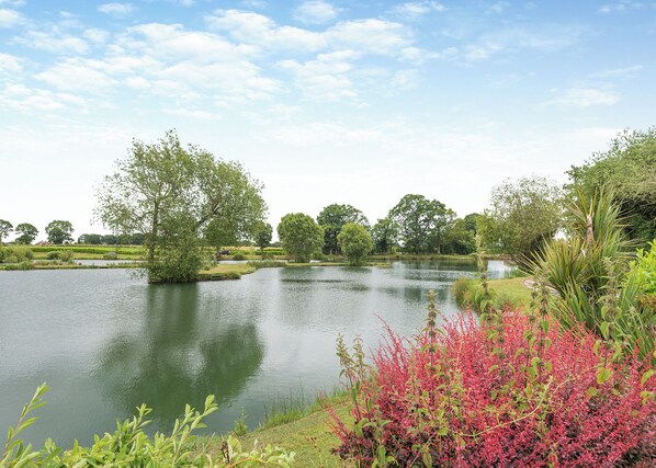 A serene lake surrounded by lush greenery and trees.