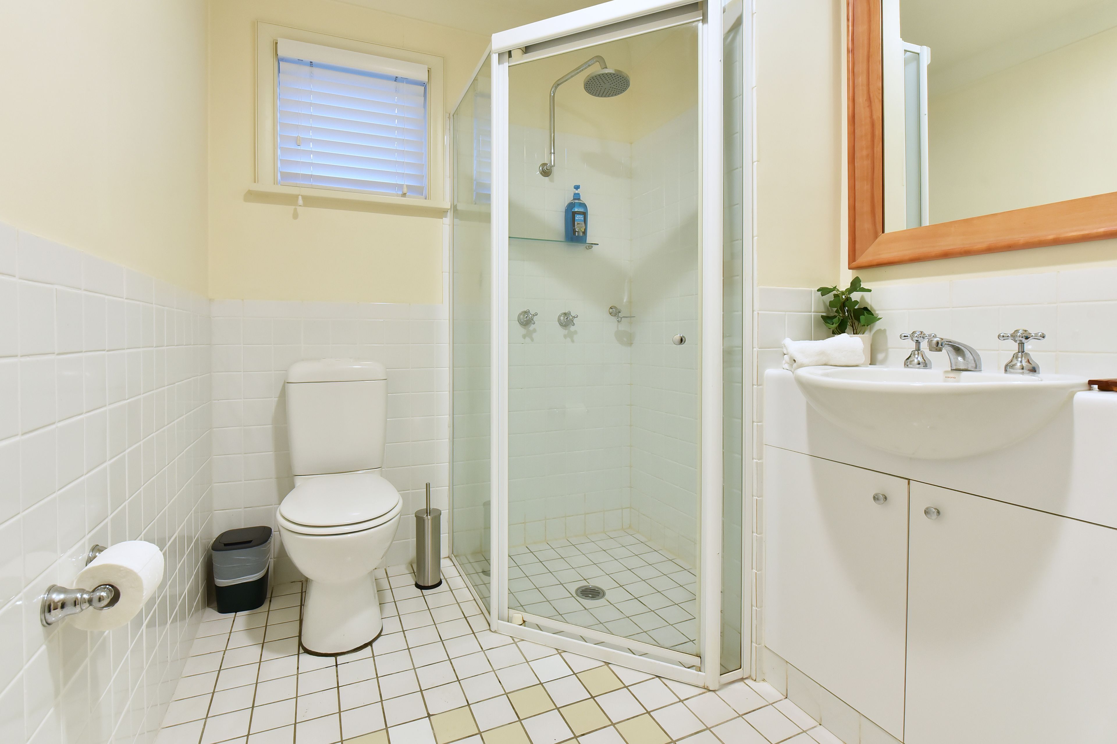 A bathroom with a toilet, a glass-enclosed shower, a sink, and a mirror.