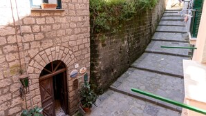 A narrow stone-paved alleyway with a wooden door and a small potted plant. - Relais del Mare (Sorrento)