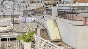 Una terraza en la azotea con una maceta, un tendedero con ropa y vistas a una zona urbana muy poblada.