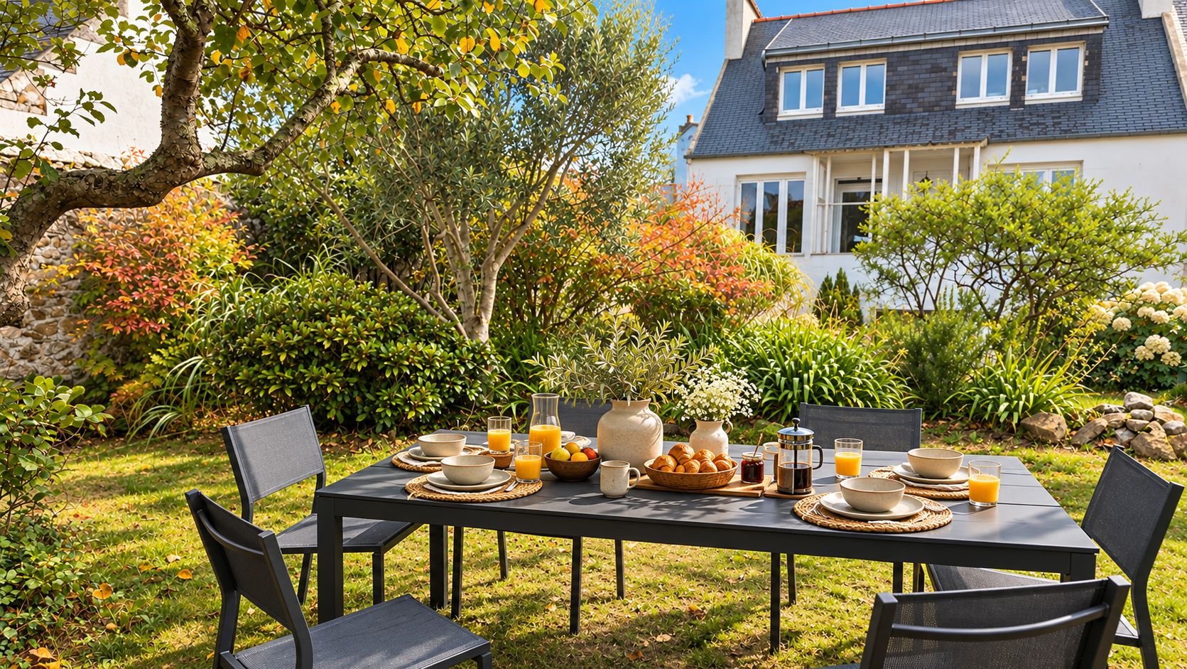 An outdoor dining area with a table set for breakfast, surrounded by lush greenery and a house in the background.