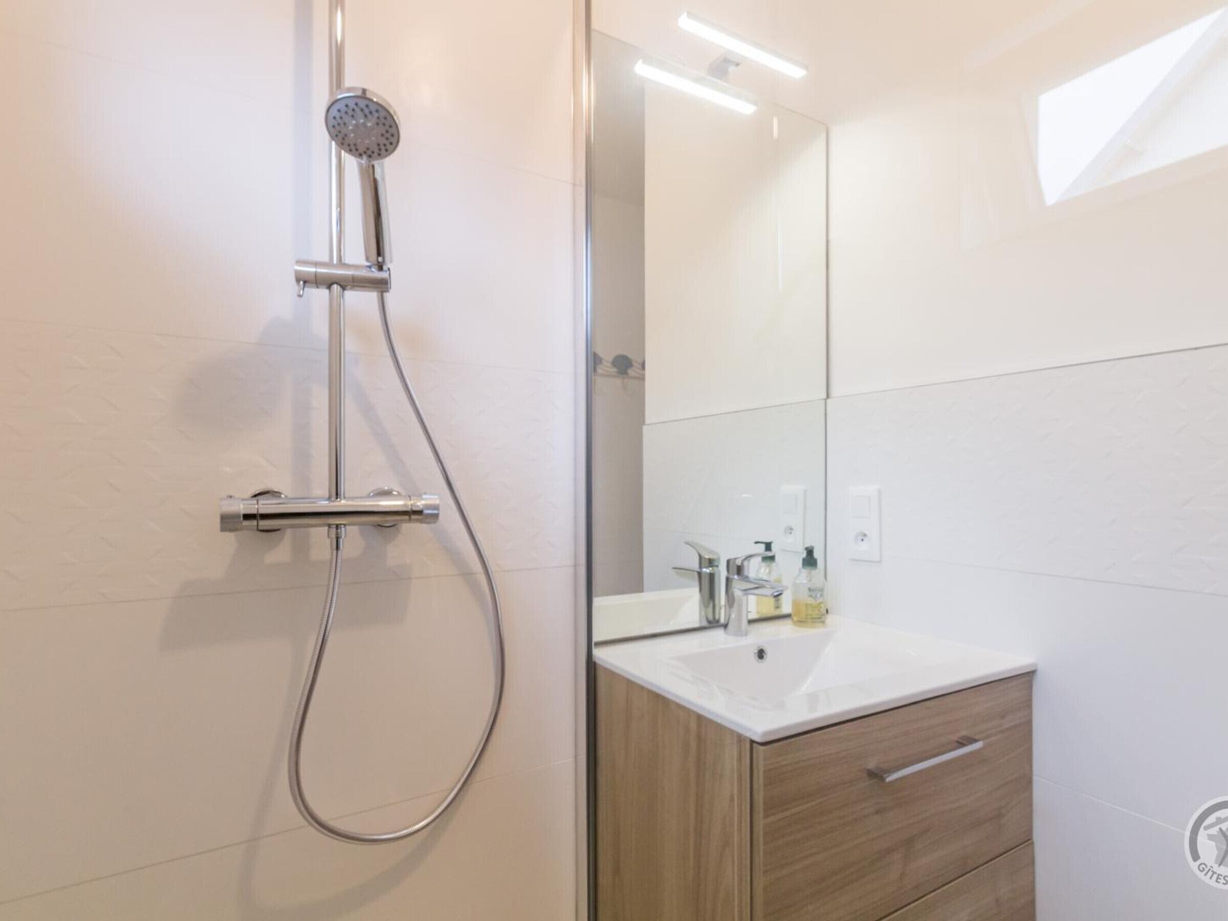Une salle de bain moderne avec une douche, un lavabo et un miroir.
