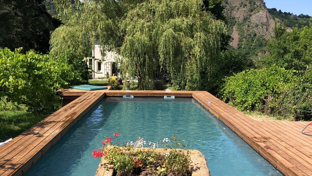 Una piscina rectangular con bordes de madera, rodeada de exuberante vegetación y un telón de fondo de montañas.