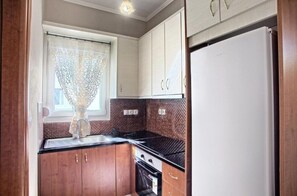 Fridge, oven, stovetop, coffee/tea maker