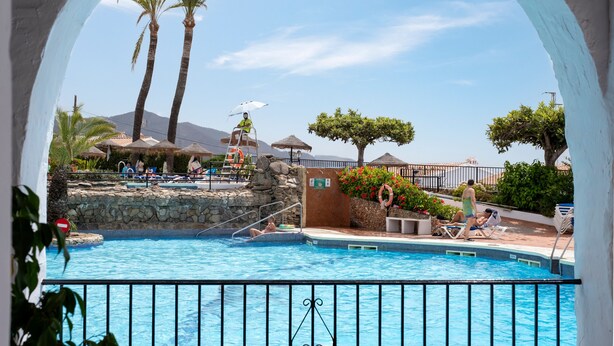 A swimming pool with a stone wall, palm trees, and lounge chairs. - Holiday Home 'Dalias' with Sea View, Wi-Fi and Air Conditioning (Nerja)
