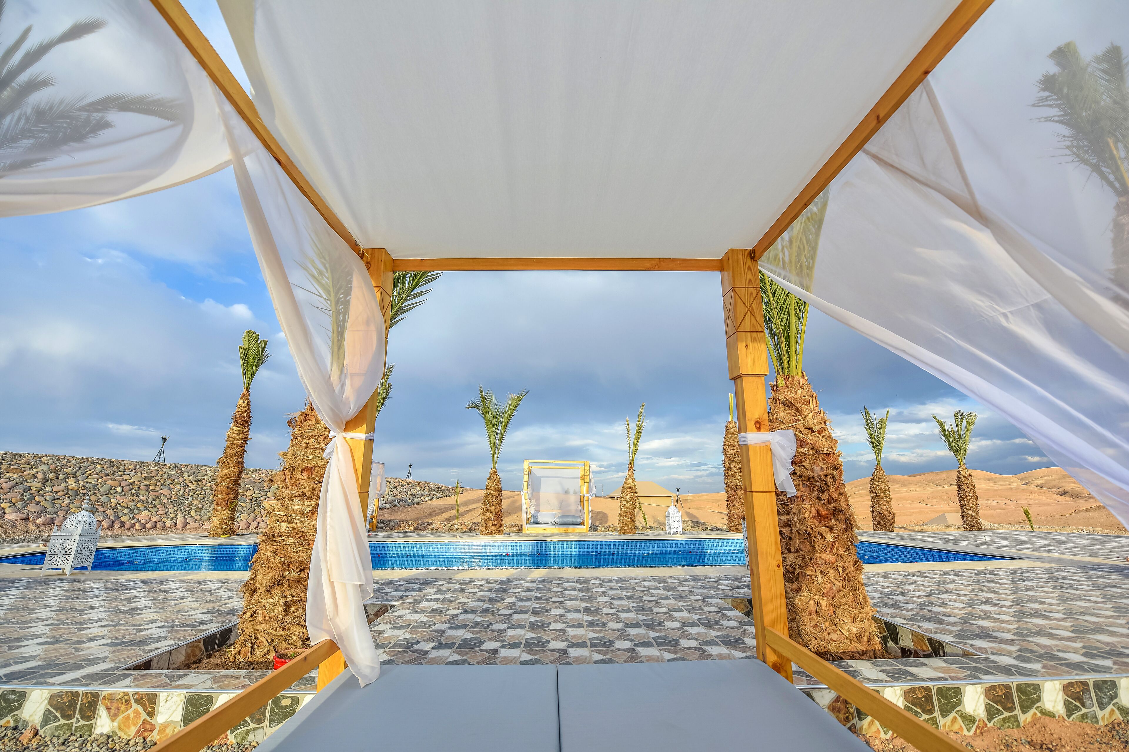 Outdoor pool, pool umbrellas, pool loungers