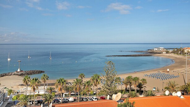 A coastal view with a beach, parked cars, palm trees, and boats.