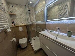A modern bathroom with a glass shower enclosure, a toilet, a sink with a mirror, and a towel rack.