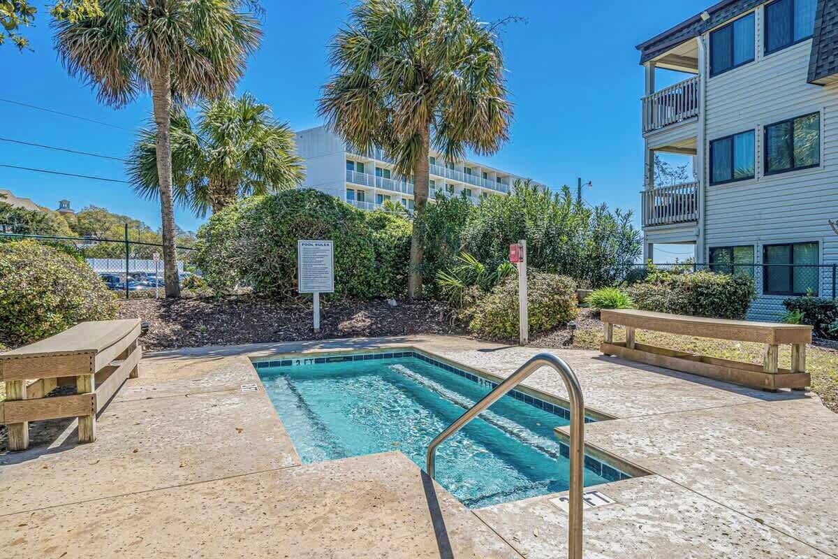 A swimming pool with a metal ladder, surrounded by palm trees and benches.