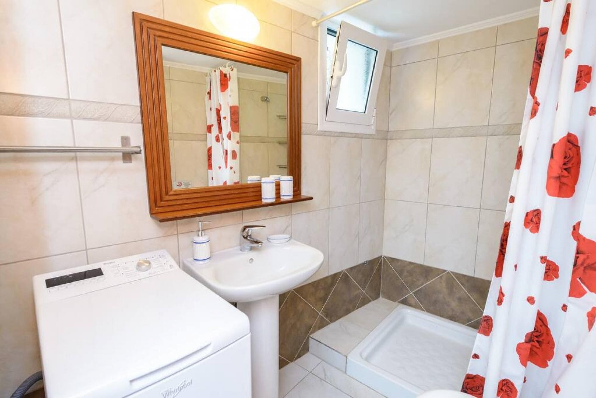 Un bagno dotato di lavatrice, lavandino e doccia.