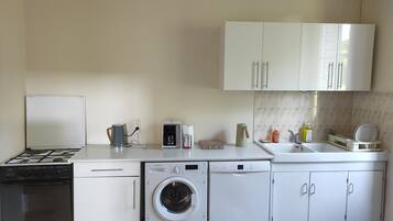 A compact kitchen with a gas stove, a dishwasher, a washing machine, and a sink.