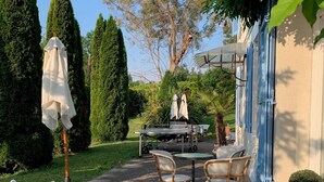 Un patio con mesa y sillas, rodeado de follaje y un perro.