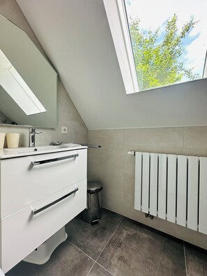 Douche, séchoir à cheveux, serviettes fournies, savon