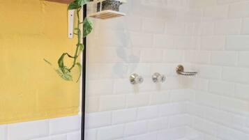 Shower, eco-friendly toiletries, towels, soap