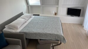Un dormitorio con cama, sofá, televisión y tragaluz.