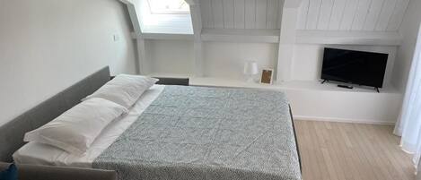 Une chambre à coucher avec un lit, un canapé, une télévision et une lucarne.